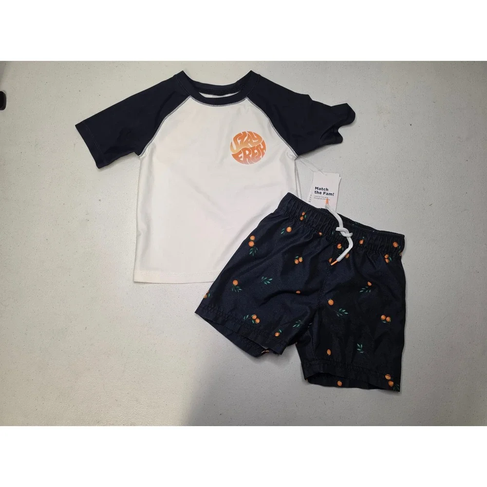 Old Navy Toddler Boys 2T Rash Guard and Swim Trunks Set Navy White Orange Fruit